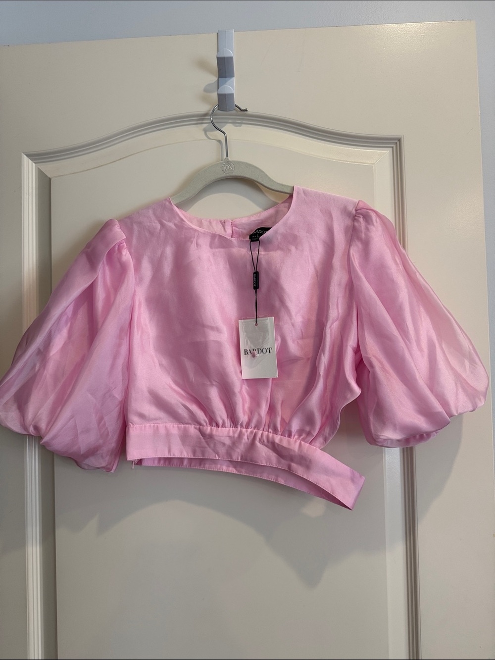 Bardot Light Pink Satin Crop Top with Puff Shoulders